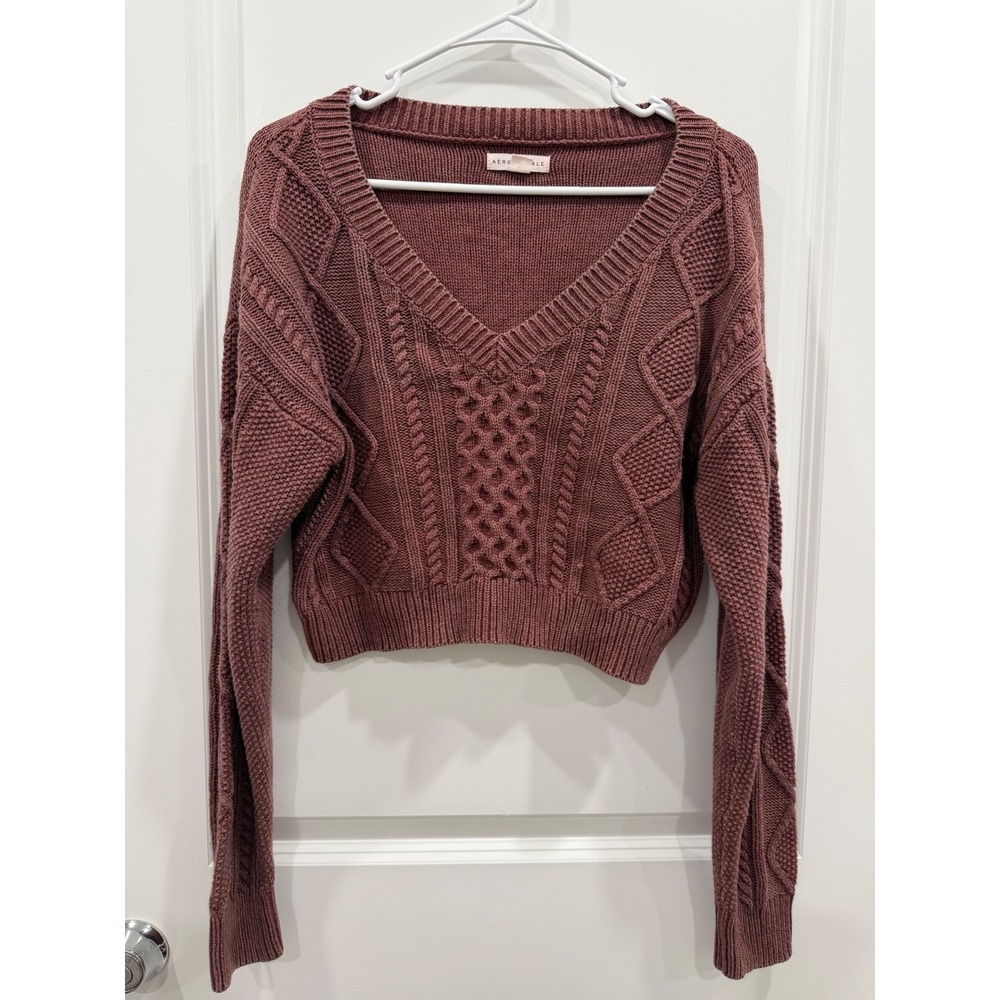 Aeropostale Womens Mauve Cable Knit V-Neck Cropped Sweater Size M